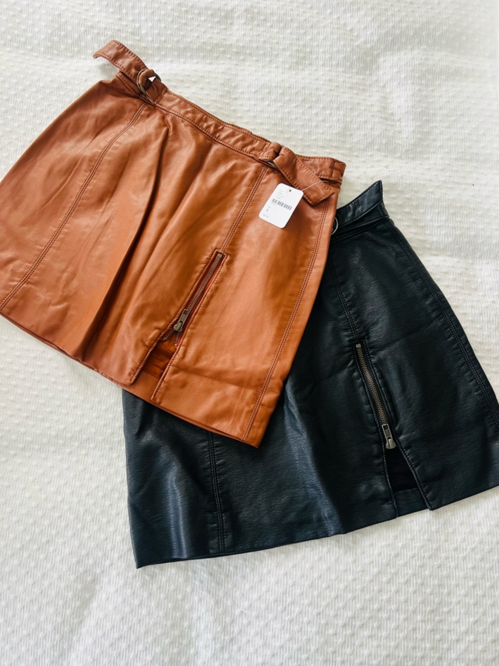 Two Free People Vegan Leather Mini Skirts — Black & Cognac